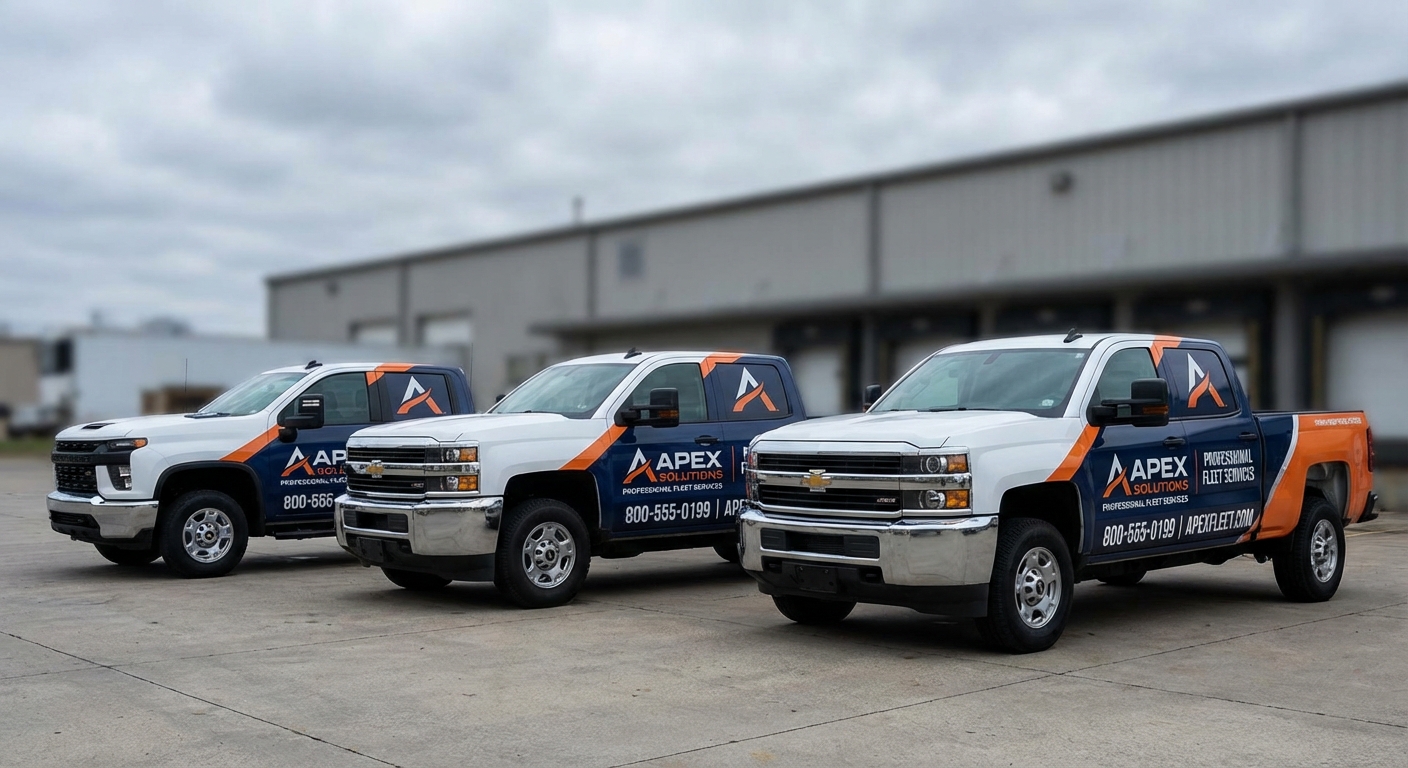 Fleet of branded work trucks