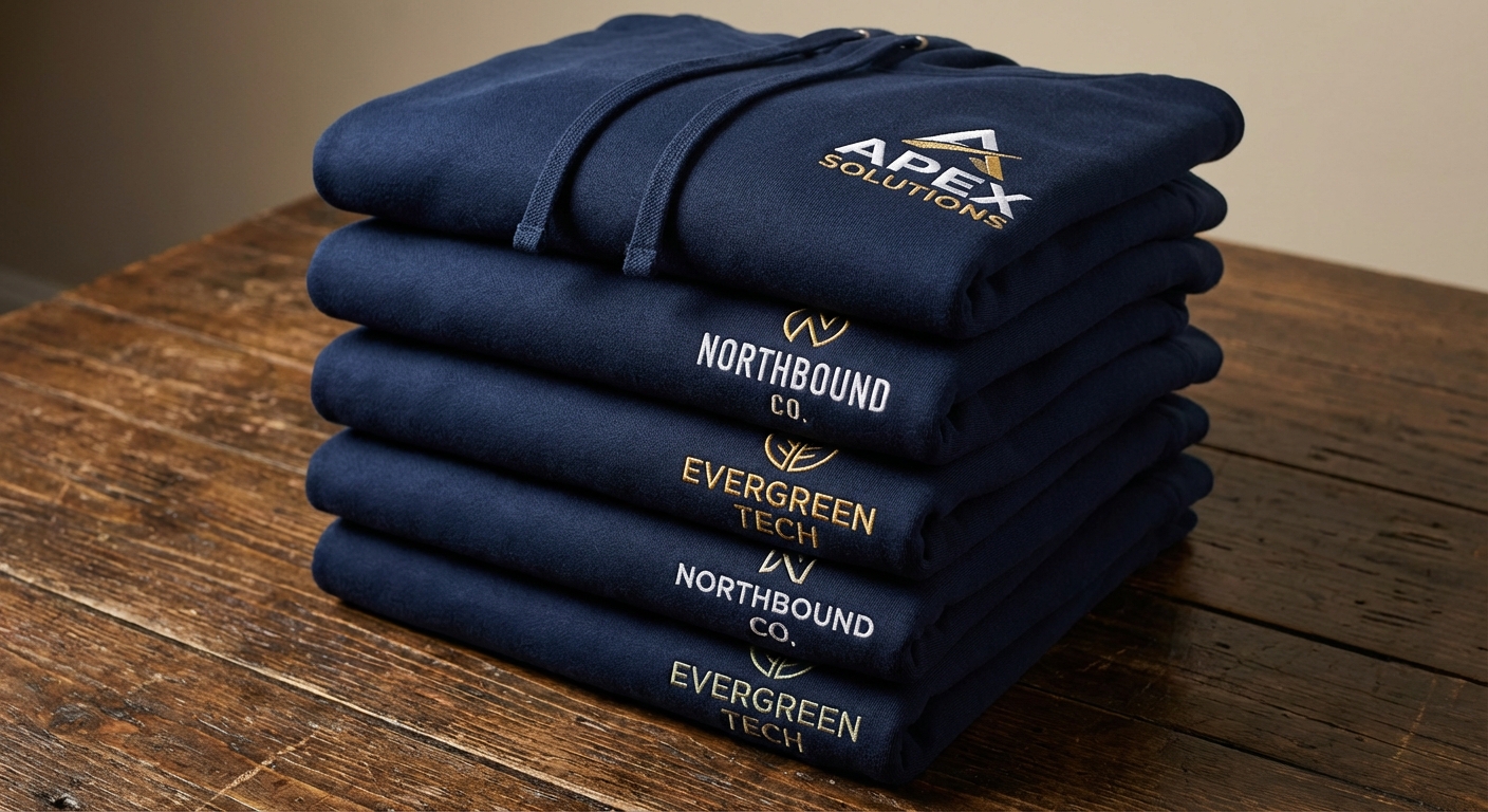 Branded pullover hoodies with embroidered logos