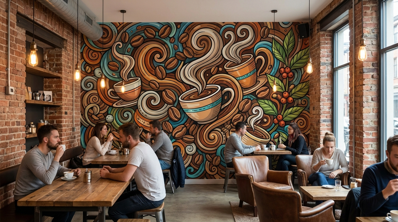 Colorful interior wall mural in coffee shop