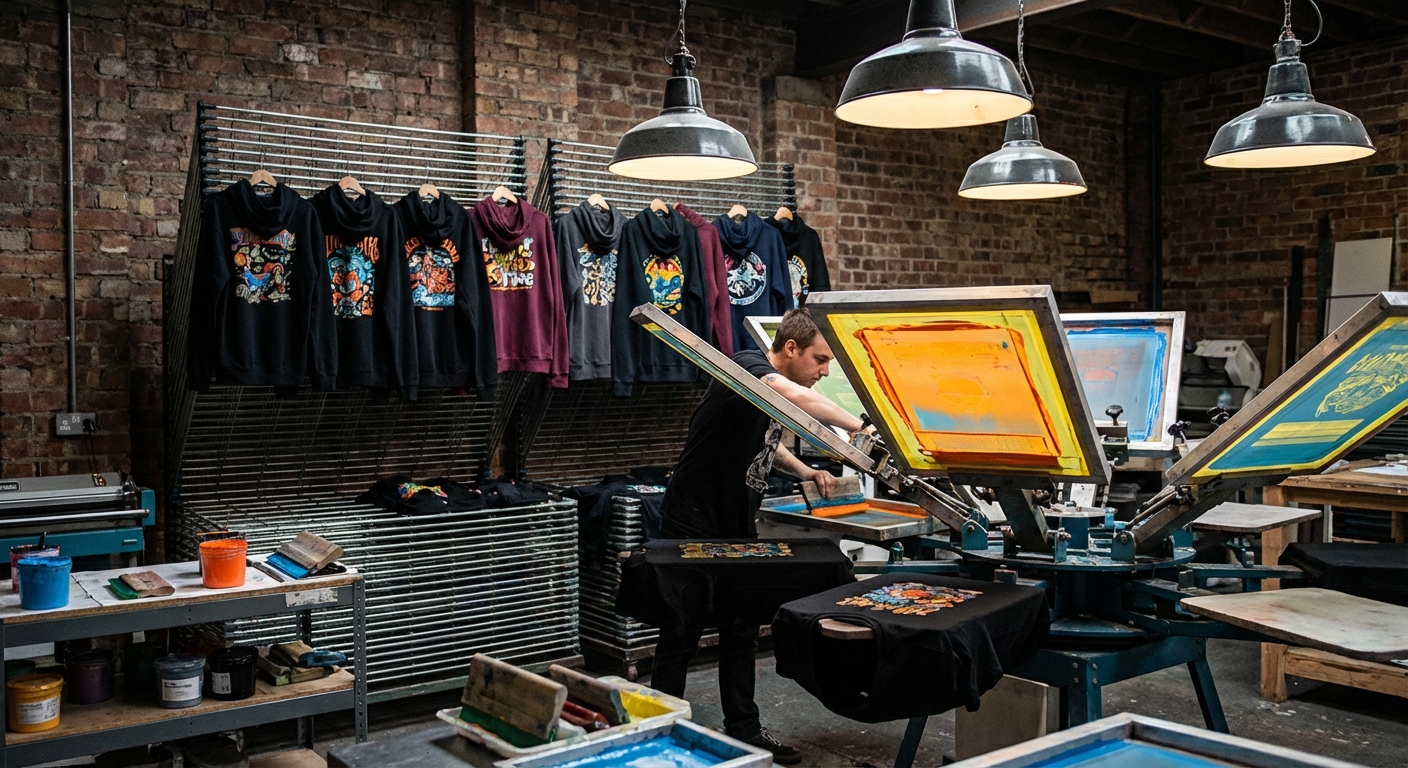 Professional screen printing workshop with custom t-shirts and hoodies