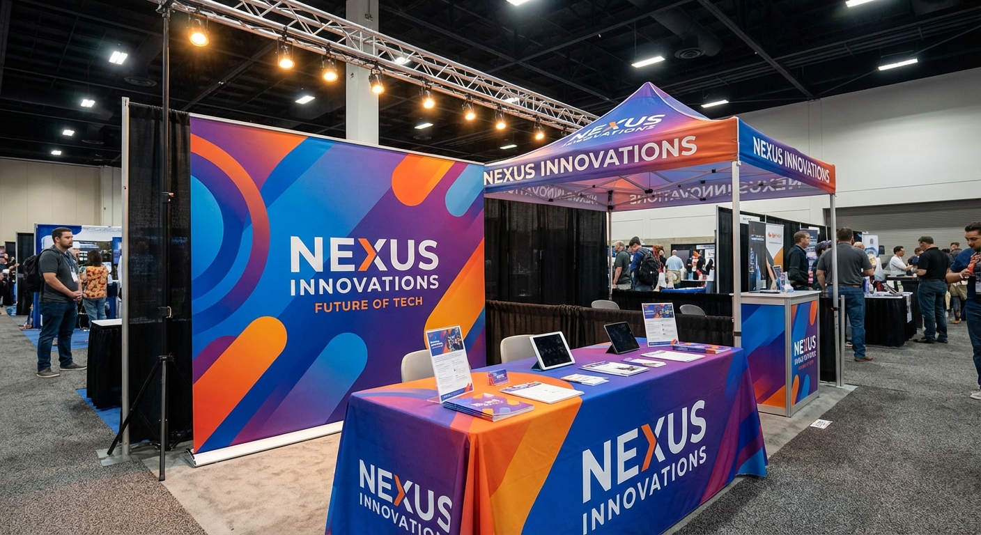 Branded trade show booth with displays and banners