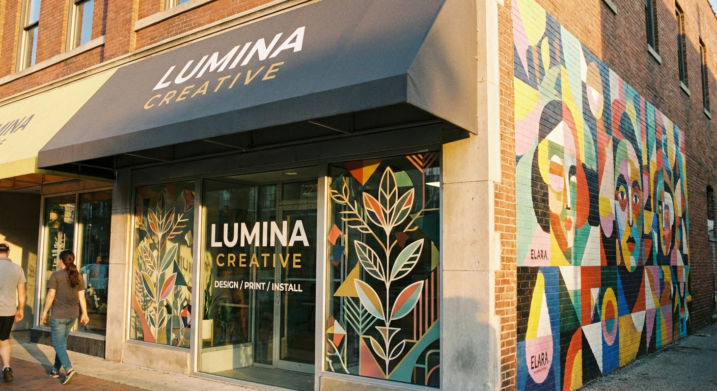 Modern storefront with custom window graphics and wall mural